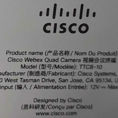 Système de visio conférence de marque CISCO modèle Cisco Webex Quad Camera TTC8-10 comprenant enceinte avec caméra intégrée et tablette. 3 unités. Vendu à l’unité avec faculté de réunion. Localisation : 1 ouest (1005, 1004, 1003)