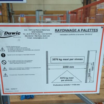 Rack à palettes Duwic poids maximum par étage 3500 KG, longueur 450 cm hauteur 150 cm.