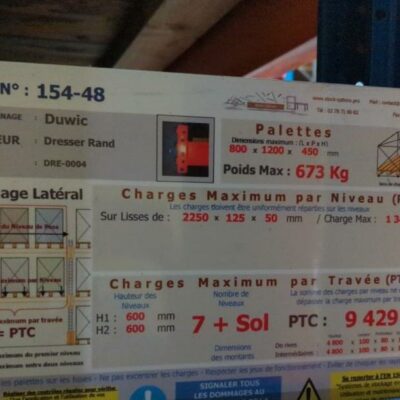 Rack à palette de marque Duwic; Largeur 5 mètres hauteur 5 mètres. 4 tonnes par niveau