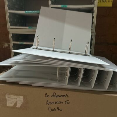 14 cartons de 20 classeurs blancs anneaux de 50 et dos de 20