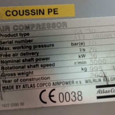 Compresseur de marque Atlas Copco modèle GA30. Localisation : 8 rue de la Fossé aux Leux 91700 Ste Geneviève des Bois (actuellement Marcoussis)