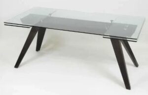 Table extensible de marque Roche Bobois modèle Golden Gate plateau verre avec rallonges. (perso?)
74 x 180 x 100 cm
2-45