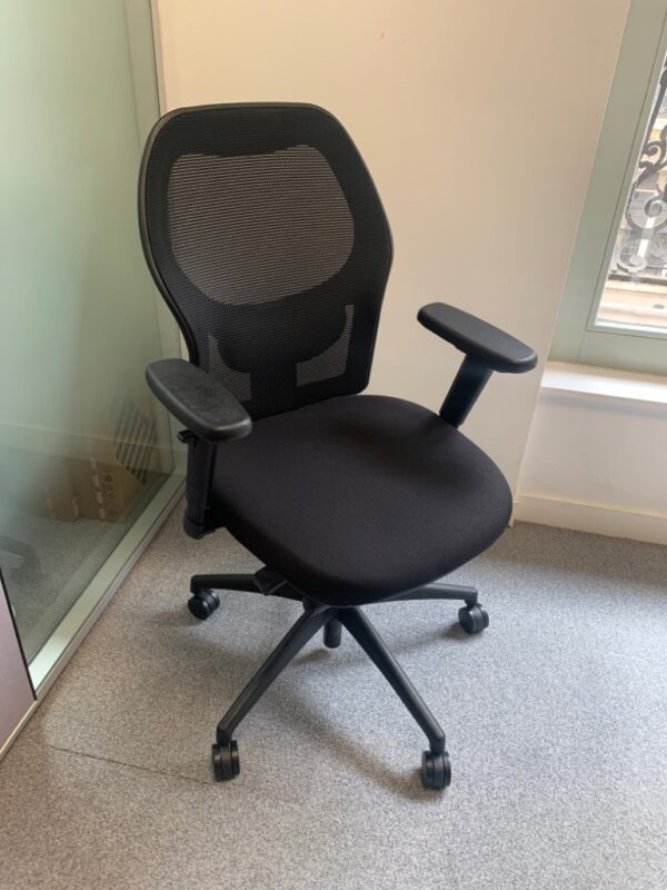 Fauteuil de bureau, assise en tissu noir, dossier en résille noire.
11 unités, vendu avec faculté de réunion.
100 x 60 x 55 cm.
Localisation : 6 rue Duret - 75116 Paris.
(ES 14., 1-35., 1-30., 2-53., 2-52., 2-48., ES Open Sp., 3-71A.)