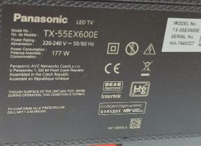Téléviseur 55 pouces de marque Panasonic modèle TX-55EX600E, avec fixation murale. Localisation : 6 rue Duret – 75116 Paris : rdc haut