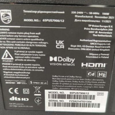 Téléviseur 65 pouces de marque Philips modèle 65PUS706/12 sur support à roulettes. 2 unités. Vendu à l’unité avec faculté de réunion. Localisation : 6 rue Duret – 75116 Paris : salle réunion rdc/ rdc haut