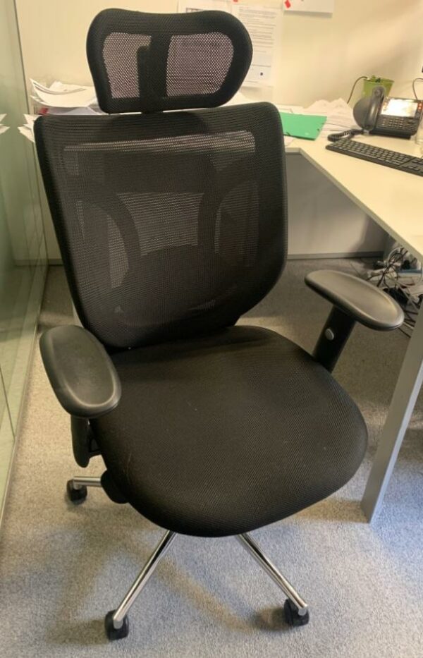 Fauteuil de bureau  de marque Ergo King, assise en tissu noir, dossier en résille noire, piétement à roulettes.
3 unités, vendu avec faculté de réunion. Localisation : 6 rue Duret - 75116 Paris.
(ES., 2 Bas G., 2-65, 517B, 518)