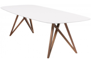 Table ovale design Wolfgang Mezger modèle Seito édition Walter Knoll, piétement asymétrique en bois naturel, plateau en pierre de quartz blanc. (démontée). 277 x 109 cm. Localisation : 5 avenue Kleber - 75116 Paris