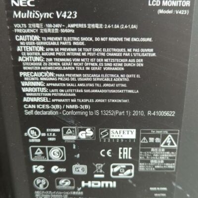 Moniteur 42 pouces de marque Nec modèle MultiSync V423,  sur pied (vendu sans Poly). 8 unités. Vendu à l’unité avec faculté de réunion. Localisation : 10 rue du Ballon – 93160 Noisy-le-Grand