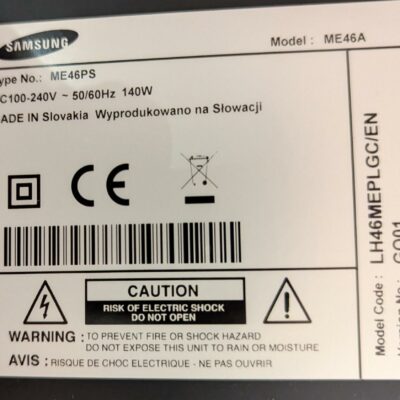 Moniteur 46 pouces de marque Samsung modèle LH46MEPLGC. Sans pied ni attache murale. Localisation : 5 avenue Kleber – 75116 Paris