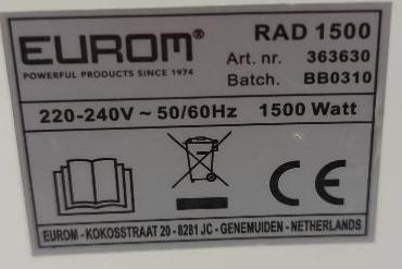 Radiateur bain d’huile sur roulettes de marque Eurom modèle Rad1500, 1500 watts. 4 unités. Vendu à l’unité avec faculté de réunion. (RDC bat A réserve)