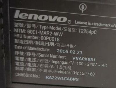 Écran 22 pouces de marque Lenovo modèle T2254pc ou LT2252. 58 unités. Vendu à l’unité avec faculté de réunion. (bat A : 53 / bat B : 5)