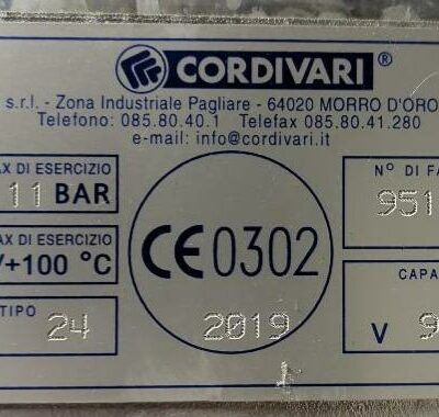 Cuve à air comprimé de marque Cordivari, 900 litres. (SS Bat A)